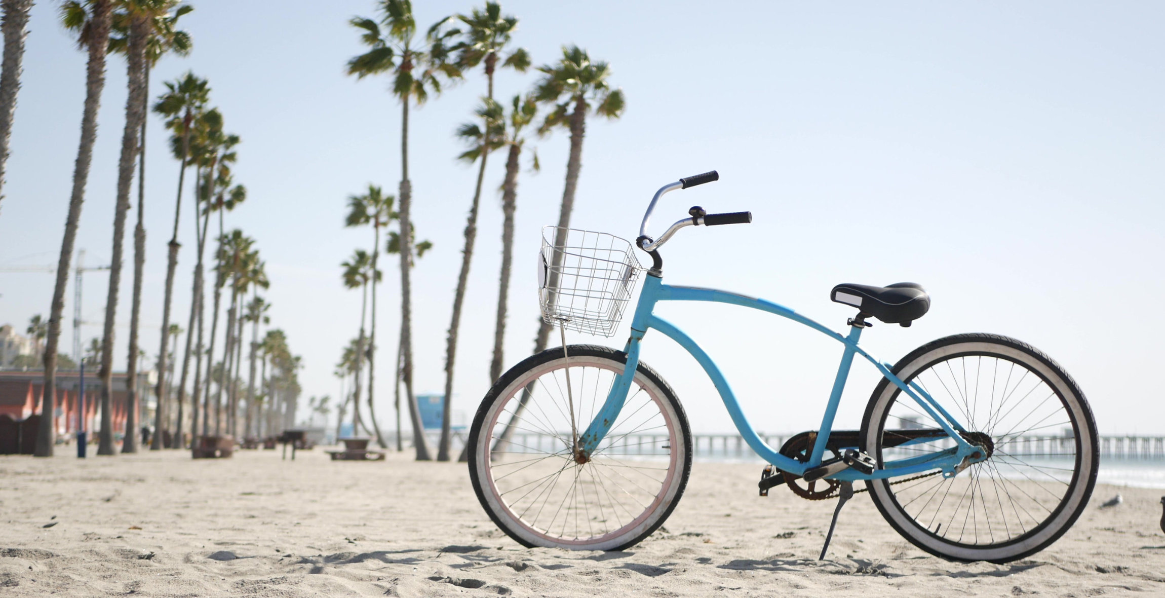A bike stands on the sand of a beach with Palm Trees on a sunny day in California