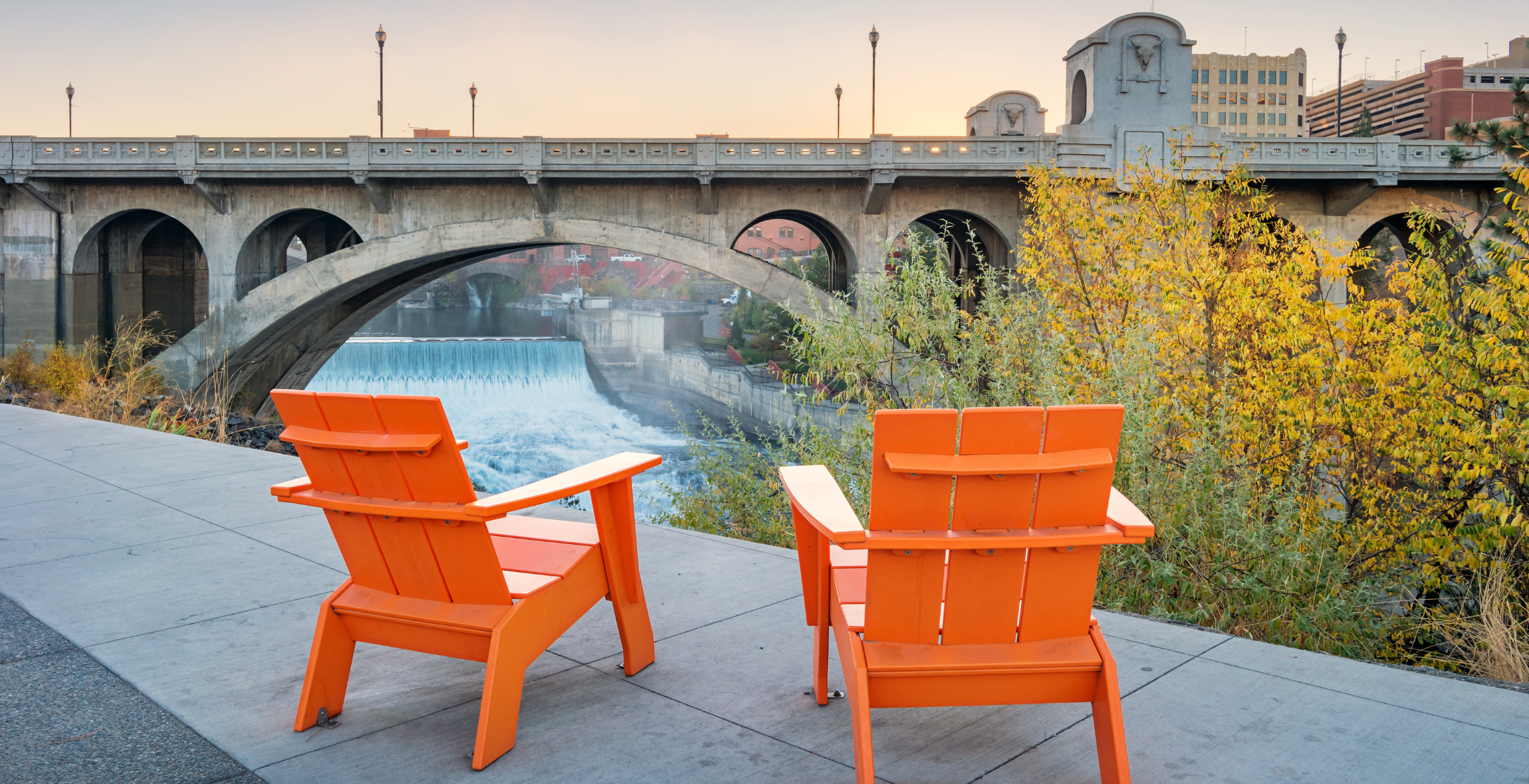 Chairs along the Spokane River promenade in downtown Spokane Washington